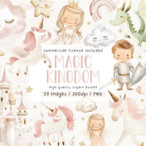 Lindo paquete de imágenes prediseñadas de unicornio mágico, unicornios de acuarela, uso comercial, imágenes prediseñadas, reino mágico, guardería para niñas, PNG, imágenes prediseñadas de princesas
