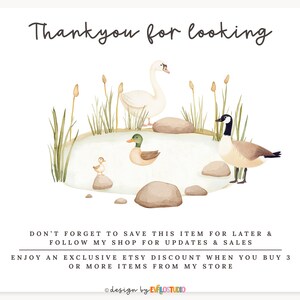May include: Watercolor illustration featuring a pond scene with a swan, ducks, and a goose. The image includes the text "Thank you for looking" and other promotional text. The artwork has a soft, natural color palette.