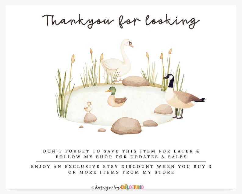 May include: Watercolor illustration featuring a pond scene with a swan, ducks, and a goose. The image includes the text "Thank you for looking" and other promotional text. The artwork has a soft, natural color palette.
