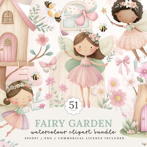 Akvarell älvträdgård Clipart-paket: Pastellblommor, fjärilar (digital nedladdning av PNG)