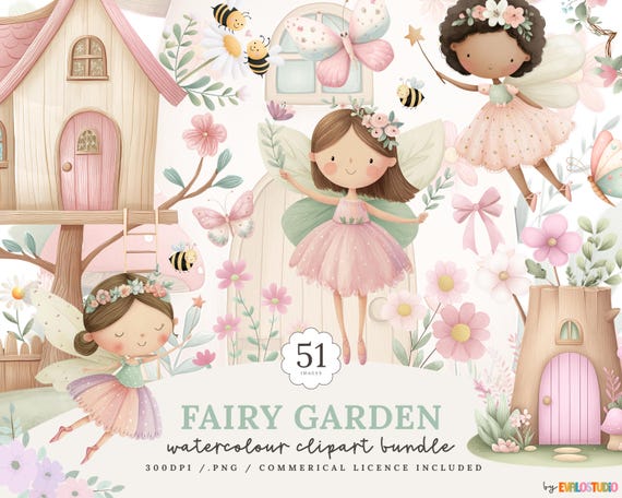 Watercolor Fairy Garden Clipart Bundle: Pastel Flowers, Butterflies (PNG Digital Download)