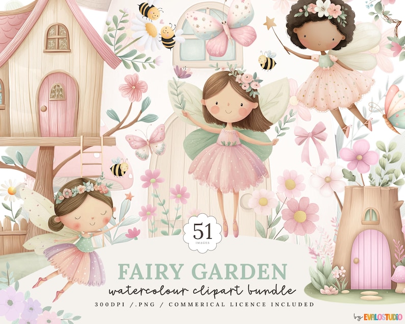 May include: Watercolor clipart bundle featuring fairies, flowers, and fairy houses in soft pastel colors. The image includes butterflies, bees, and the text "Fairy Garden" with the number "51".