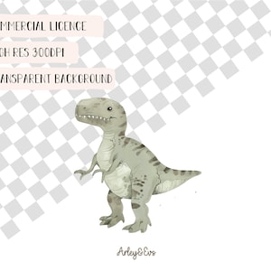 May include: A watercolor illustration of a Tyrannosaurus Rex dinosaur in shades of gray and green. The image includes text that reads "COMMERCIAL LICENCE", "HIGH RES 300DPI", and "TRANSPARENT BACKGROUND". The artist's signature "Arley & Evs" is at the bottom.