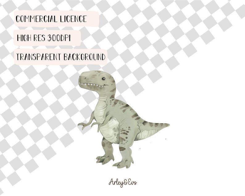 May include: A watercolor illustration of a Tyrannosaurus Rex dinosaur in shades of gray and green. The image includes text that reads "COMMERCIAL LICENCE", "HIGH RES 300DPI", and "TRANSPARENT BACKGROUND". The artist's signature "Arley & Evs" is at the bottom.