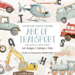 Raccolta di clipart di tipi di trasporto, trasporti ad acquerello, uso commerciale, clipart, illustrazioni di veicoli, asili nido, PNG, clipart di veicoli