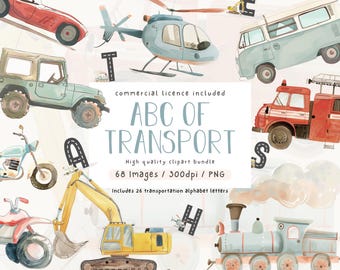 Watercolor Transport Clipart Bundle: Vehicle Illustrations, Nursery Decor (PNG)