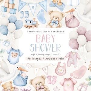 Pacchetto Clipart per Baby Shower, Baby Shower acquerellato per bambine e bambini, PNG per uso commerciale, Clipart, DOWNLOAD DIGITALE, Baby rosa, Baby blu