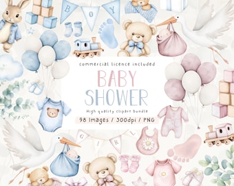 May include: Watercolor baby shower clipart bundle with a variety of illustrations. Includes teddy bears, balloons, baby clothes, a stork carrying a baby, and the text "BABY SHOWER". The color palette is soft pastel pinks, blues, and whites.