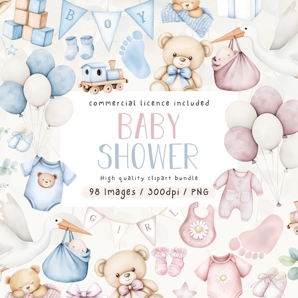 Watercolor Baby Shower Clipart Bundle: Pink & Blue PNG (Digital Download)