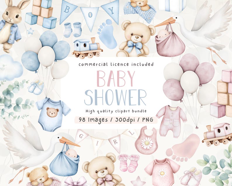 Watercolor Baby Shower Clipart Bundle: Pink & Blue PNG (digital ...