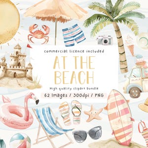 Am Strand Clipart Bundle, Aquarell Sommer Strandtage, kommerzielle Nutzung, Clipart, Strand Illustrationen, Kinderzimmer, PNG, Seaside Clipart