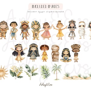 May include: Watercolor illustrations of Ancient Egypt characters, including pharaohs, mummies, and figures in traditional attire. The image also includes sun, plant, and desert landscape elements. Text reads "Included Images" and "Ancient Egypt clipart bundle."