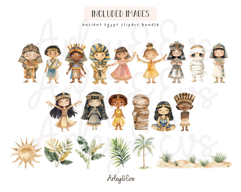 May include: Watercolor illustrations of Ancient Egypt characters, including pharaohs, mummies, and figures in traditional attire. The image also includes sun, plant, and desert landscape elements. Text reads "Included Images" and "Ancient Egypt clipart bundle."