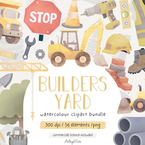 Bouwplaats clipartbundel, aquarel Builders Yard, commercieel gebruik, clipart, bouwvoertuigen, kinderdagverblijf, png, voertuig clipart