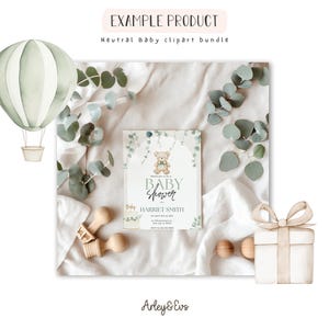 Watercolor Baby Shower Clipart Bundle: Neutral Green, Teddy Bear (PNG ...