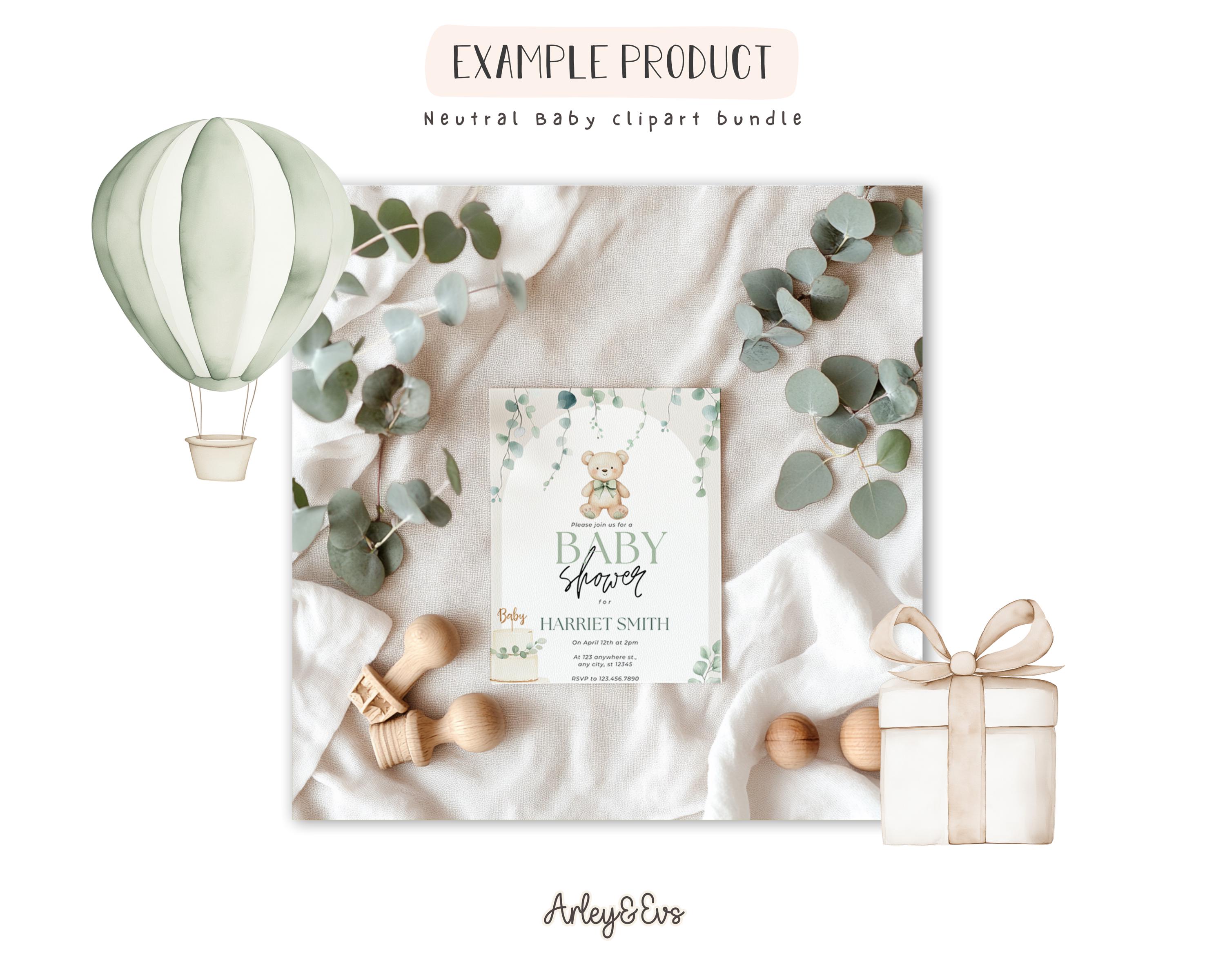 Watercolor Baby Shower Clipart Bundle: Neutral Green, Teddy Bear (PNG ...