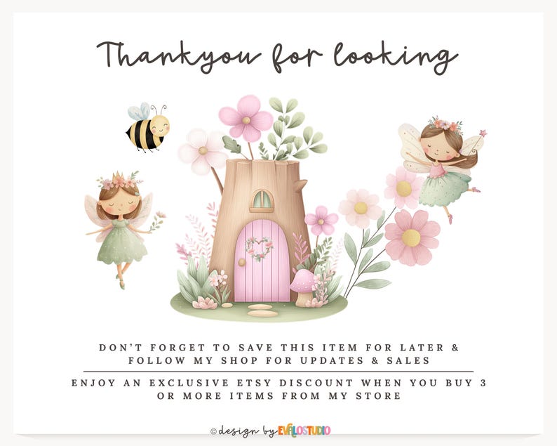 May include: A whimsical illustration featuring a fairy house with a pink door, surrounded by flowers and fairies. A bee flies nearby. The text "Thank you for looking" is at the top.