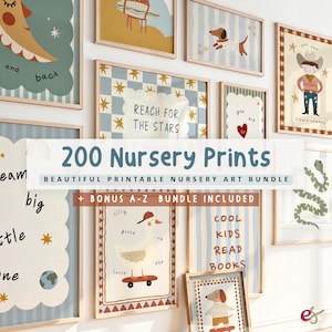 May include: A selection of framed nursery prints with illustrations of a moon, stars, a dachshund, and a cowboy. The prints feature text such as "Reach for the Stars" and "Cool Kids Read Books". The image includes the text "200 Nursery Prints".