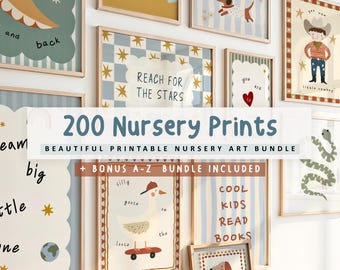 Bundle of 200 Nursery Room Prints, Playroom Prints, Boy Nursery Wall Art Set, Playful Animal Prints, baby Room Decor, Kids Room Wall Art
