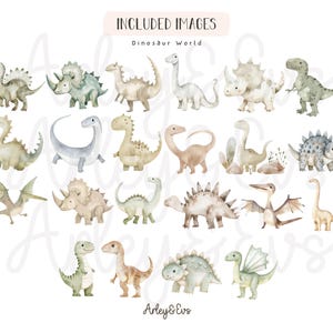 May include: Watercolor illustrations of various dinosaurs in soft pastel colors. The image includes a variety of dinosaurs, such as Triceratops, Stegosaurus, and Brontosaurus, with the text "INCLUDED IMAGES Dinosaur World" at the top.