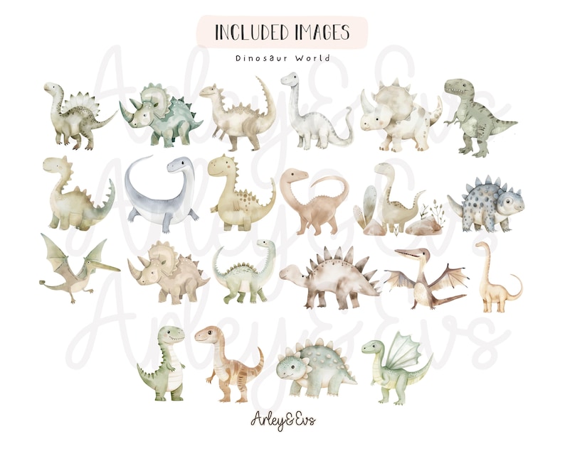May include: Watercolor illustrations of various dinosaurs in soft pastel colors. The image includes a variety of dinosaurs, such as Triceratops, Stegosaurus, and Brontosaurus, with the text "INCLUDED IMAGES Dinosaur World" at the top.