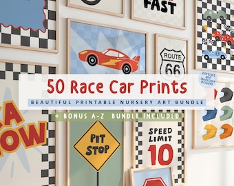 50+ Racing Car Bedroom Prints, Toddler Boy Room Wall Art Bundle (Digital Download)