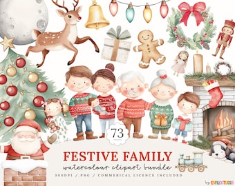 Christmas Family Bundle,  Watercolour Christmas Day, Commercial Use, Clipart, Festive Doodles Illustrations, Nursery, PNG, Christmas Clipart
