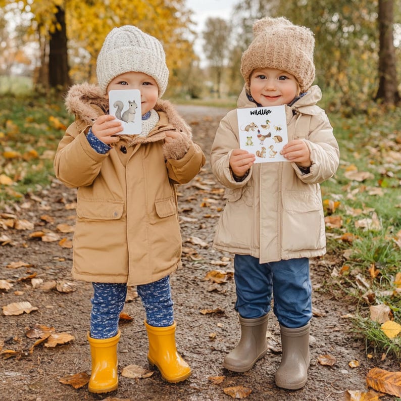 May include: Two children in tan jackets and knit hats hold cards with animal illustrations. One card shows a squirrel, the other displays the word "Wildlife" above various animal drawings. They wear blue pants and yellow and gray boots, standing on a path with fallen leaves.