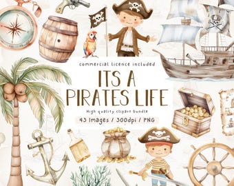 Watercolor Pirate Clipart Bundle: Commercial Use PNG (Digital Download)