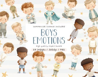Boys Emotions Clipart: Watercolor Children's Faces (PNG)