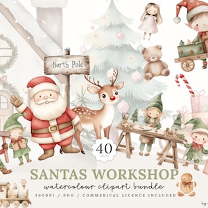 以下が含まれることがあります： サンタクロース、エルフ、トナカイ、クリスマスツリーを描いた水彩画のクリップアートバンドル。画像には、北極の標識、おもちゃの列車、ギフトボックスが含まれています。テキストは「Santas Workshop Watercolour Clipart Bundle」と表示されています。