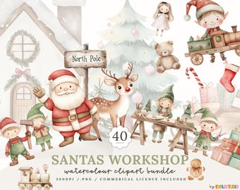 Christmas Clipart Bundle,  Watercolour Santas Workshop, Commercial Use, Clipart, Festive Illustrations, Nursery, PNG, Christmas Clipart