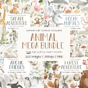 Clipart di animali, MEGA Bundle, Acquerello, Uso commerciale, Clipart, Illustrazioni di animali, Asilo nido, PNG, Safari, Oceano, Bosco Artico