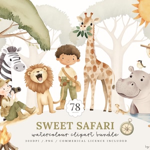 May include: A watercolour clipart bundle with safari animals and children. Includes a zebra, lion, giraffe, hippo, snake, meerkat, and a child with a camera. The text "Sweet Safari" is displayed below the illustrations, along with the number "78".