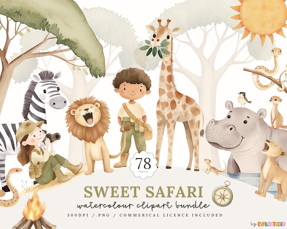 Cute Watercolor Safari Clipart, Wild Animals, PNG (Commercial License)