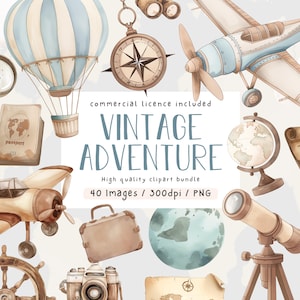 Vintage Reise-Clipart-Set, Clipart-Bundle, Aquarell-Raum, kommerzielle Nutzung, Clipart, altmodisches Flugzeug, PNG, Abenteuer-Clipart-Set