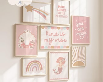 Girls Mermaid Room Prints: Gallery Bundle, Playful Nursery & Kids Room Wall Art (Digital Download)