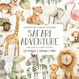 Cute Safari Animals, Clipart Bundle,  Watercolor, Commercial Use, Clipart, Jungle Nursery, Jungle Safari PNG, Explorers, African Safari