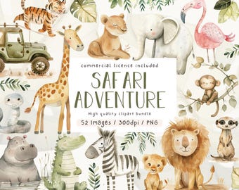 Watercolor Safari Animals Clipart Bundle: Jungle Nursery PNG (Commercial Use)