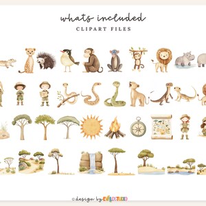 May include: A collection of watercolour clipart featuring safari animals, explorers, trees, and landscape elements. Includes a lion, giraffe, monkey, snake, and more. The text "whats included" and "clipart files" is at the top of the image.