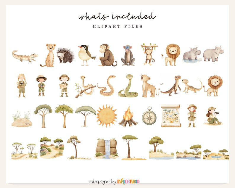 May include: A collection of watercolour clipart featuring safari animals, explorers, trees, and landscape elements. Includes a lion, giraffe, monkey, snake, and more. The text "whats included" and "clipart files" is at the top of the image.