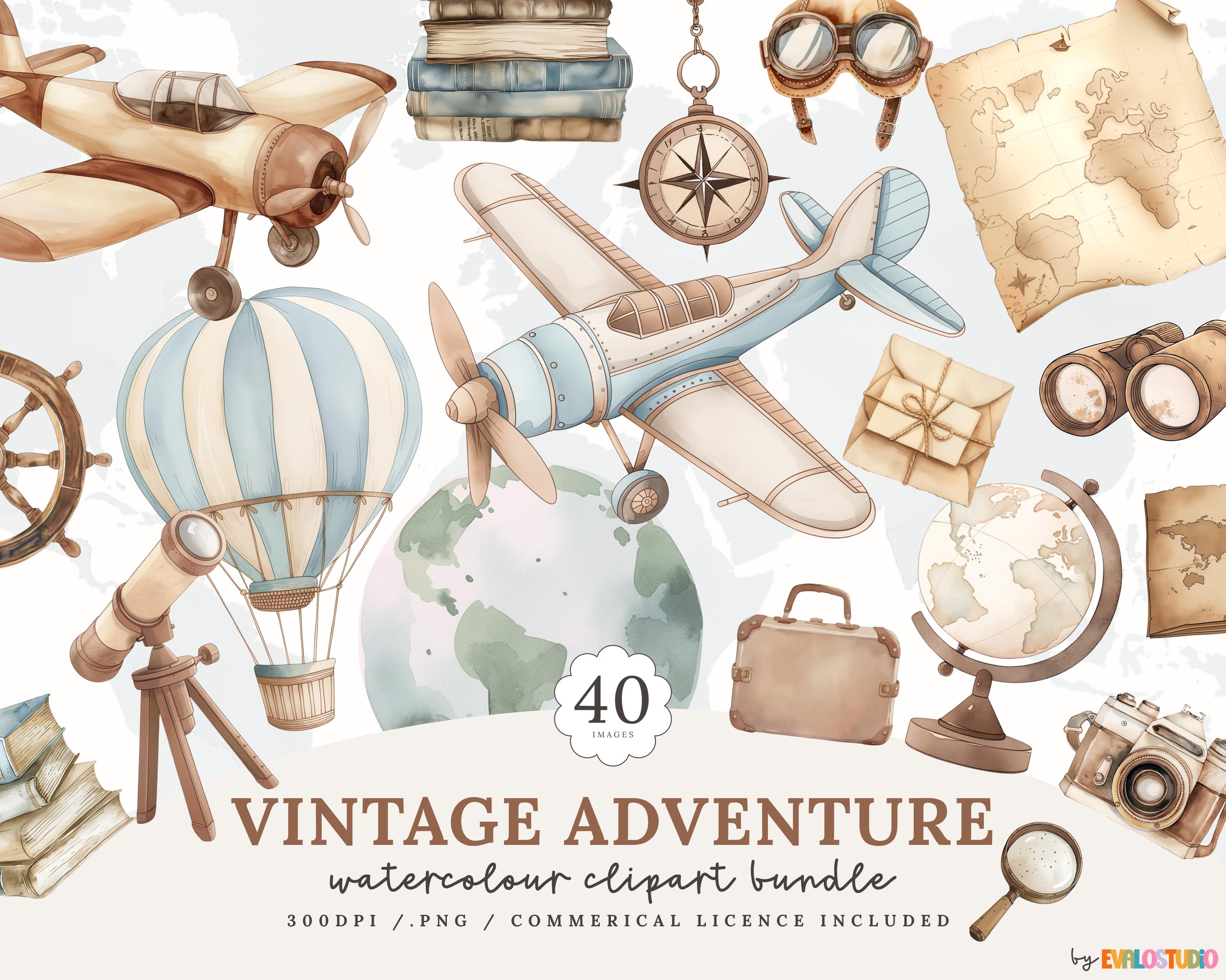 Watercolor Vintage Travel Clipart Set: Old Fashioned Planes (PNG, Commercial Use) (Digital Download)