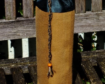 Spindle/bottle bag - handwoven fabric, hand dyed - gold stripe