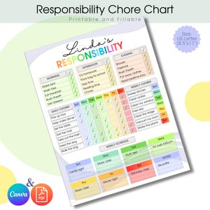 Editable Responsibility Chore Chart for Kids, Printable Kids Daily Weekly Schedule, Chore List & Daily Routine Checklist PDF