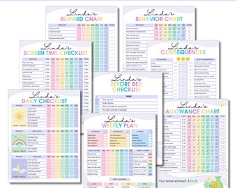 Chore Chart Bundle for Kids Reward, Allowance, Screen time, School Routine, Behavior Chart, Consequences, Daily Checklist, Weekly Chores