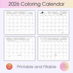 Calendrier 2026 à colorier pour enfants, agenda 12 mois, organisation facile, organiseur numérique, feuille de coloriage pour enfants, agenda imprimable