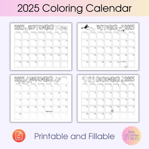 Calendrier 2025 à colorier pour enfants, agenda 12 mois, organisation facile, organiseur numérique, feuille de coloriage pour enfants, agenda imprimable