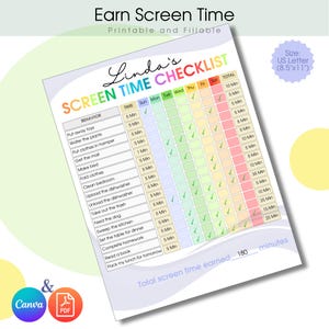 Kids Screen Time Checklist, Editable Chore Chart for Kids, Screen Time Chart, Screentime Tracker, Printable Chore Checklist, Earn Screentime
