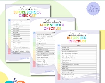 May include: A printable checklist for children to use before and after school and before bed. The checklist is divided into three sections: Before School, After School, and Before Bed. Each section has a list of tasks for the child to complete. The checklist is designed to help children develop good habits and routines. The checklist is in a light blue, pink, and green color scheme.