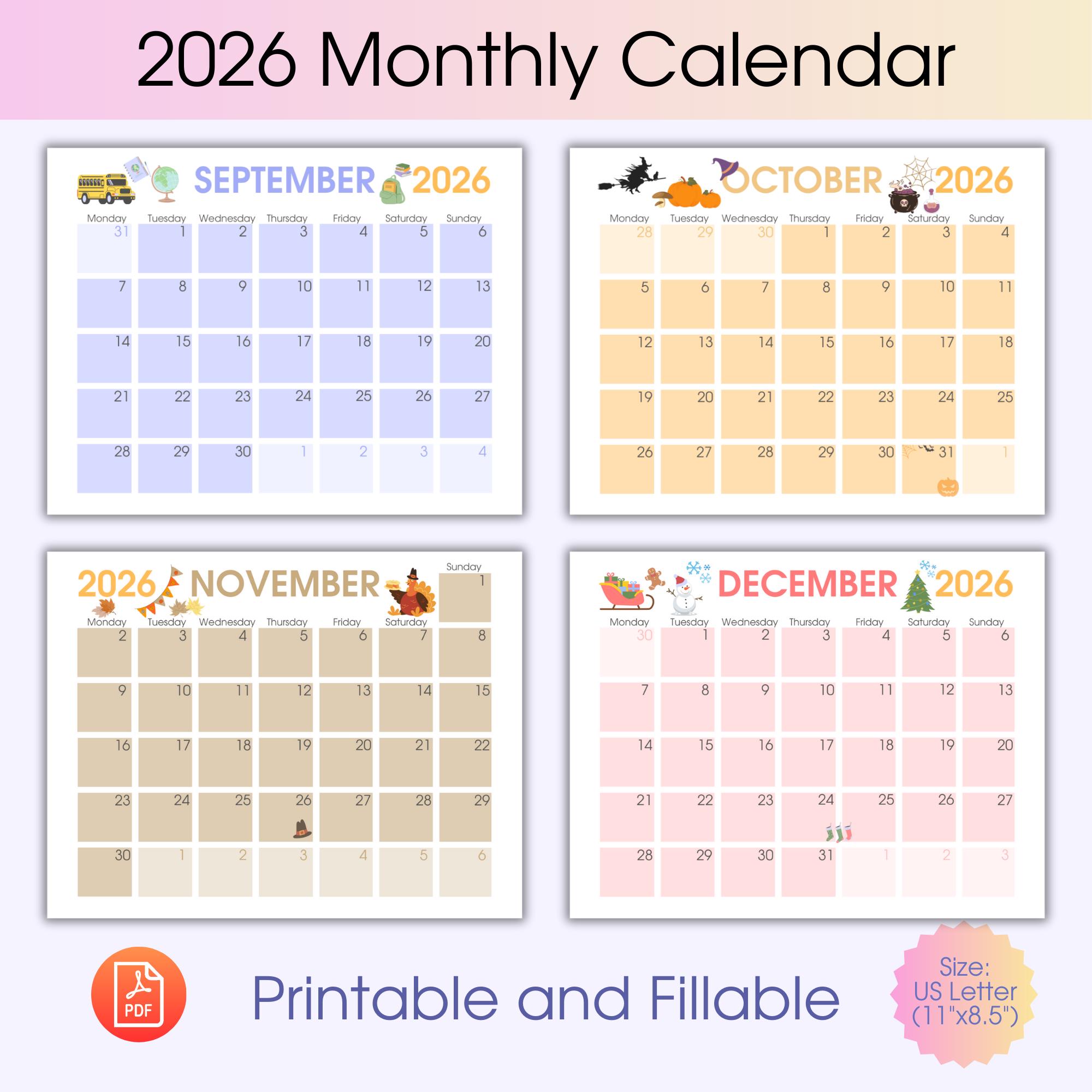 Monthly Calendar 2026, Monthly Planner, Printable Calendar, Editable